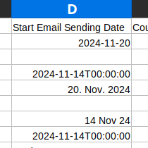 Example of the Start Email Sending Date column